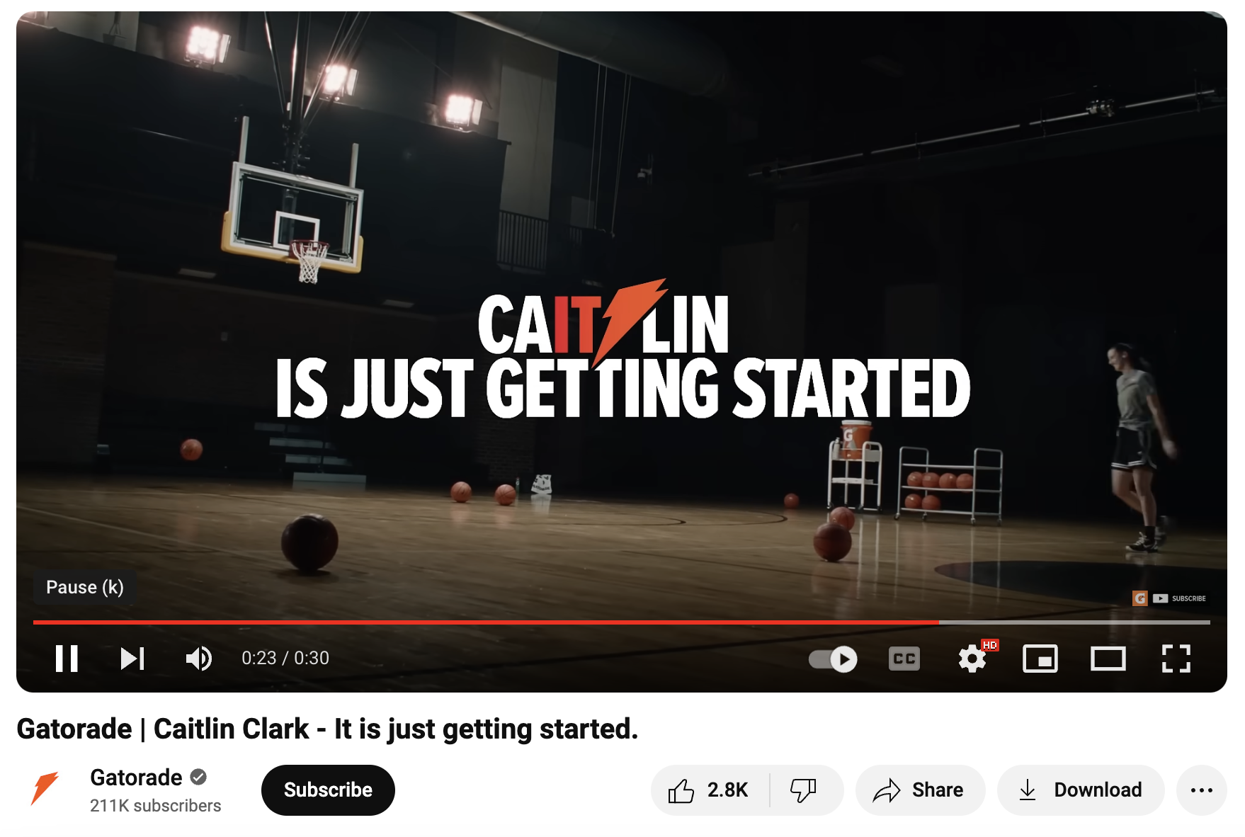 A YouTube video from Gatorade's Caitlin Clark is just getting started campaign that features the WNBA star shooting 3-point shots.